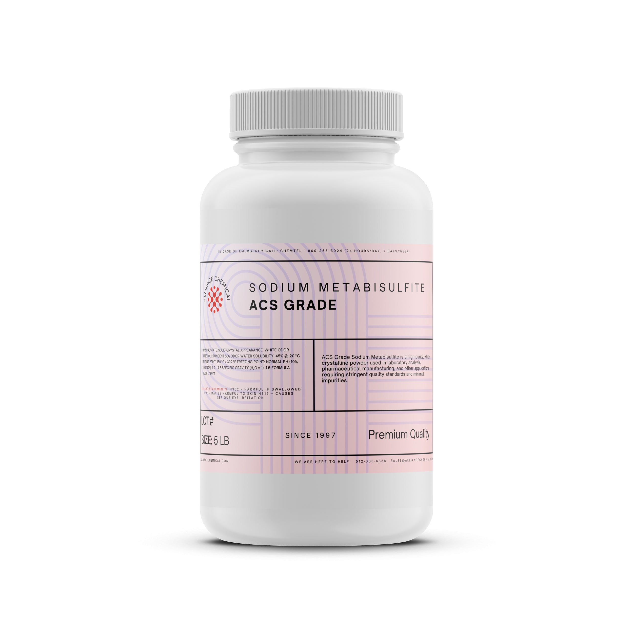 Alliance Chemical sodium metabisulfite ACS grade in white 5-pound plastic container with screw cap